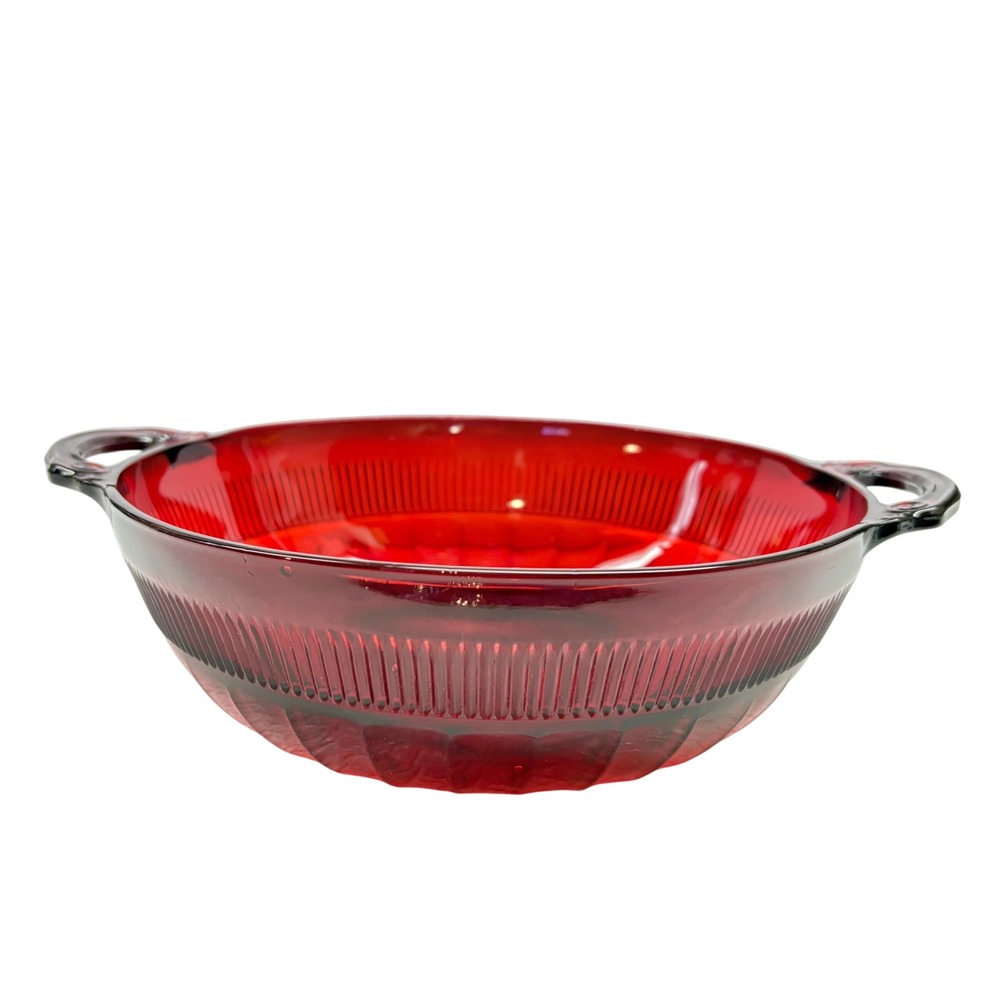 Vintage Anchor Hocking Coronation Ruby Red‎ Glass Handled Serving Bowl 8 inch